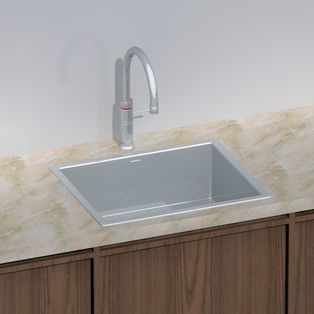 Aanrechtblad op een japandi keuken met een spoelbak in een opbouw sparing met een quooker ernaast.