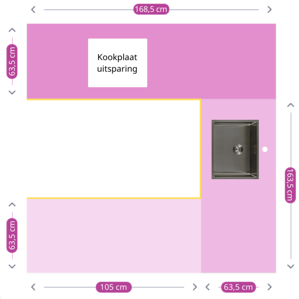 Voorbeeld van een aanrechtblad in een U-vormige keuken met spoelbak, kraangat en kookplaat uitsparing.
