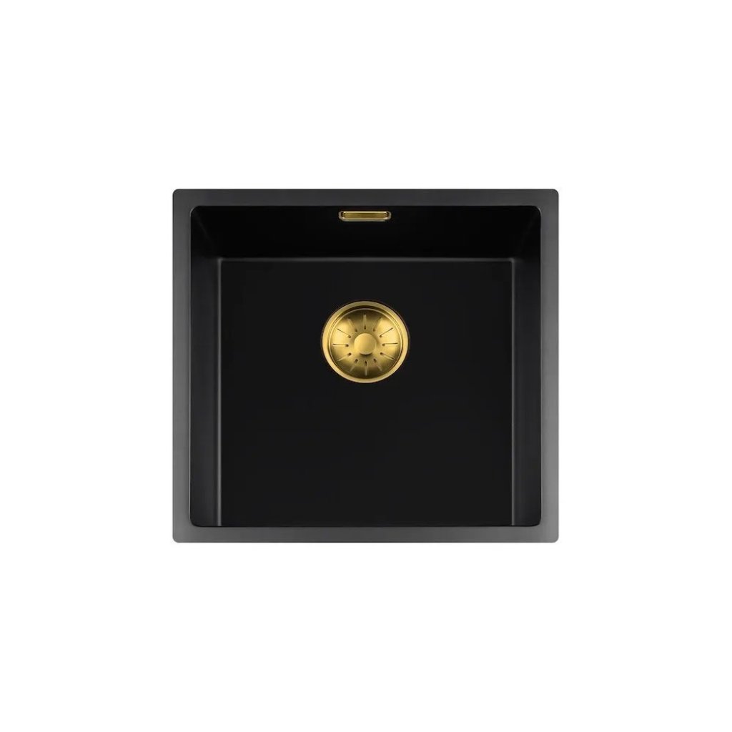 Lorreine 40BQ‑FU‑Gold spoelbak, binnen 40×40 cm, buiten 44×44 cm, composiet quartz met goudkleur.