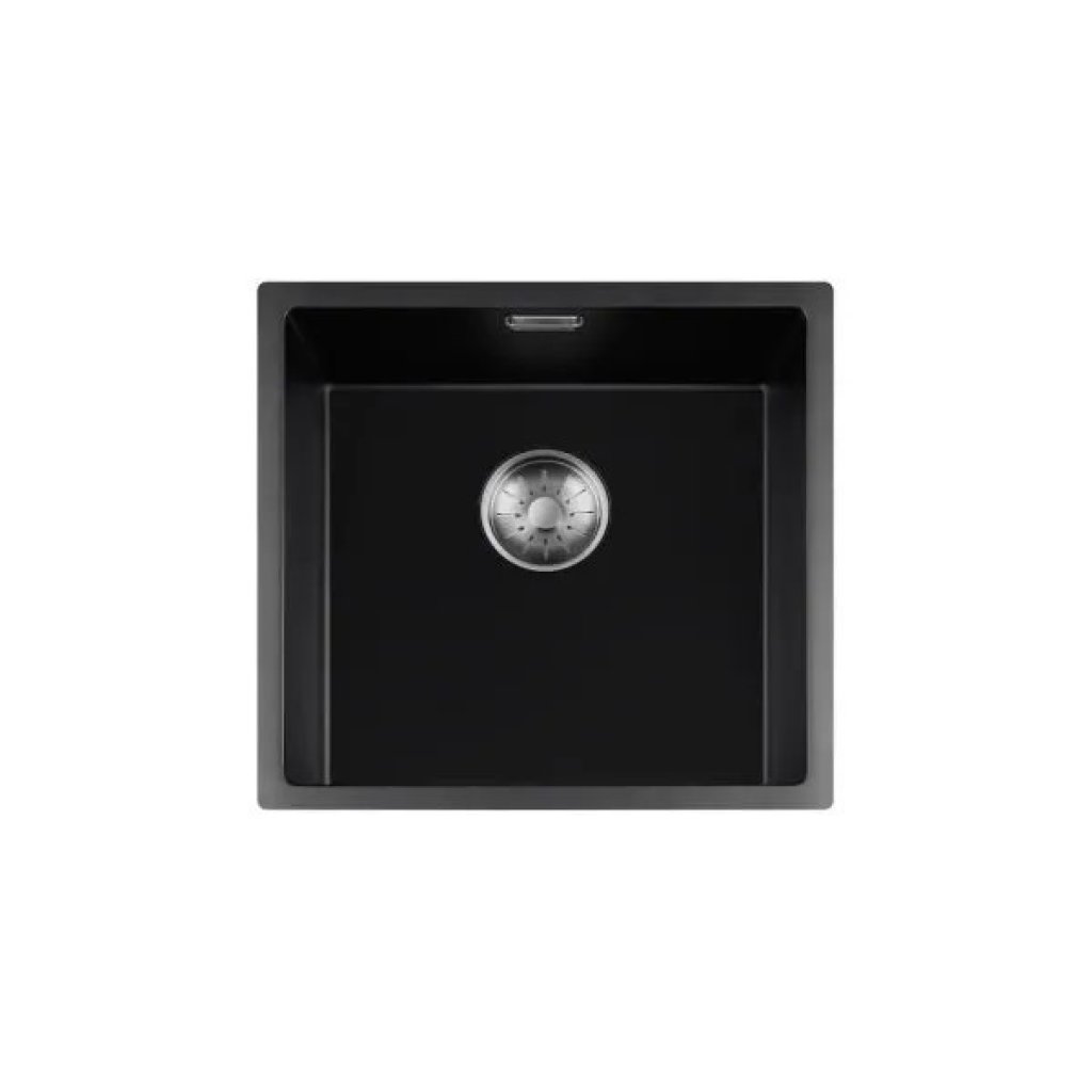 Lorreine 40BQ‑FU‑Inox spoelbak, binnen 40×40 cm, buiten 44×44 cm, composiet quartz met RVS-kleur.