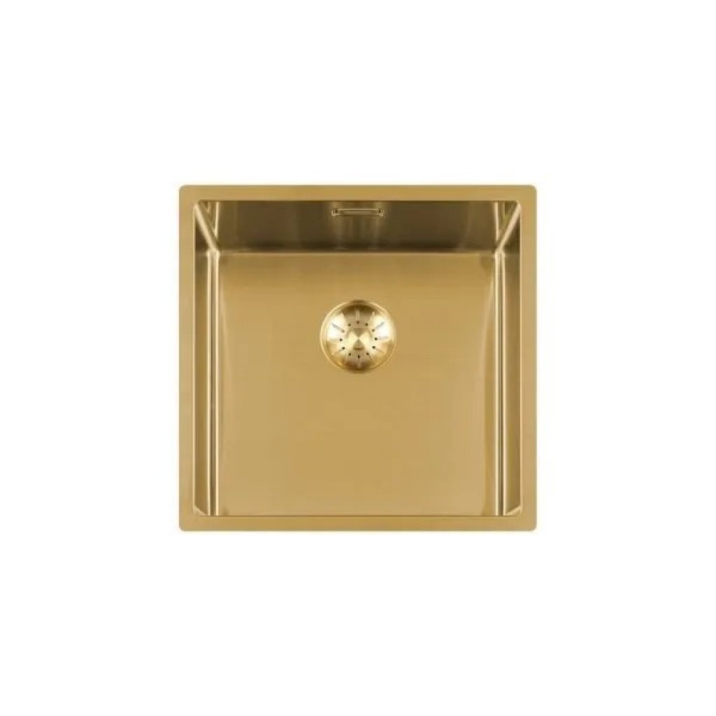 Lorreine 40SP‑Gold spoelbak, binnen 40×40 cm, buiten 44×44 cm, RVS met goudkleurige afwerking.