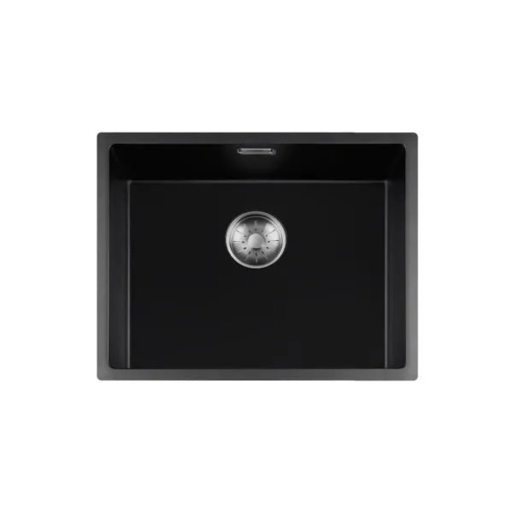 Lorreine 50BQ‑FU‑Inox spoelbak, binnen 50×40 cm, buiten 54×44 cm, composiet quartz met RVS-kleur.