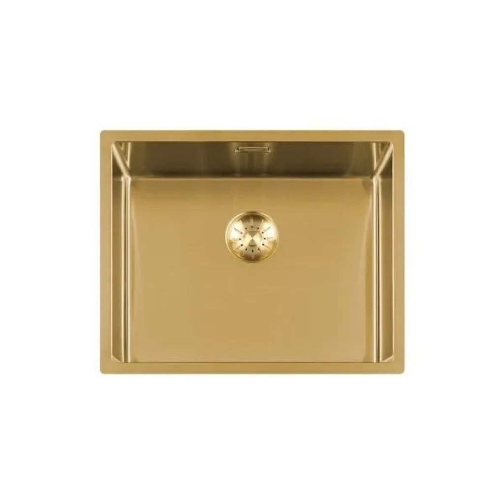 Lorreine 50SP‑Gold spoelbak, binnen 50×40 cm, buiten 54×44 cm, RVS met goudkleurige afwerking.